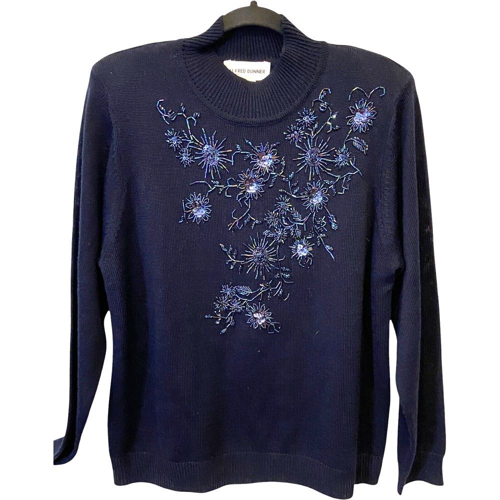 Alfred‎ Dunner Pullover Knitted Sweater Blue Womens Size M 80s Sequin Beaded